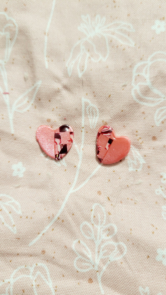 Checker+Solid Duo Small Stud Earrings(Heart)